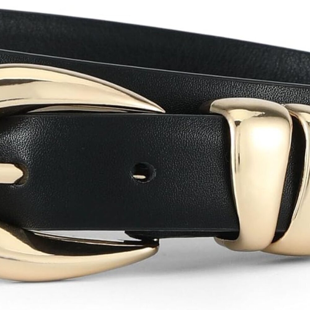 Women Skinny Faux Leather Belt with Gold Buckle for Jeans Dress Pants
